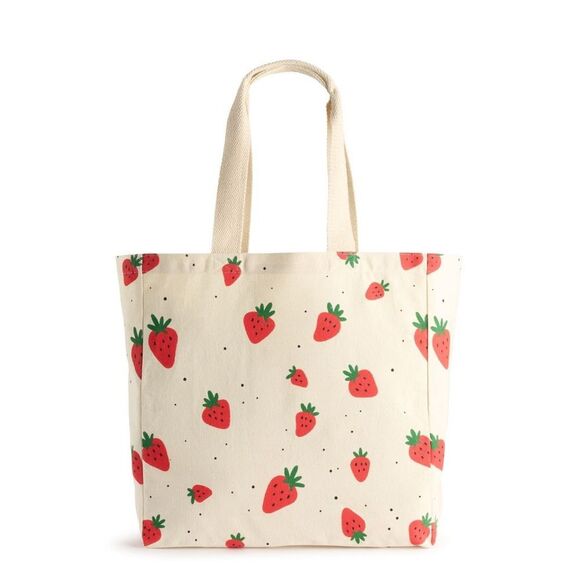 New! Strawberry Printed Canvas Shopper Tote Bag NWT - Picture 2 of 4